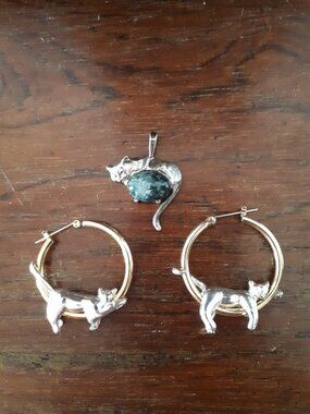 Cat Earrings and Sterling Silver Cat Pendant with natural stone (Stamped STER).